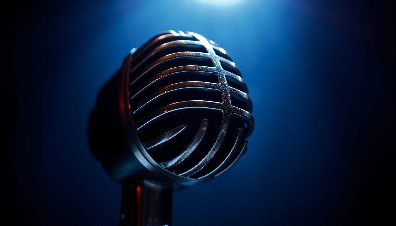 An extreme close-up of a shiny, metallic microphone with a reflective, high-contrast surface, conceptually representing the glamour and energy of Asha Bhosle's legendary singing career.