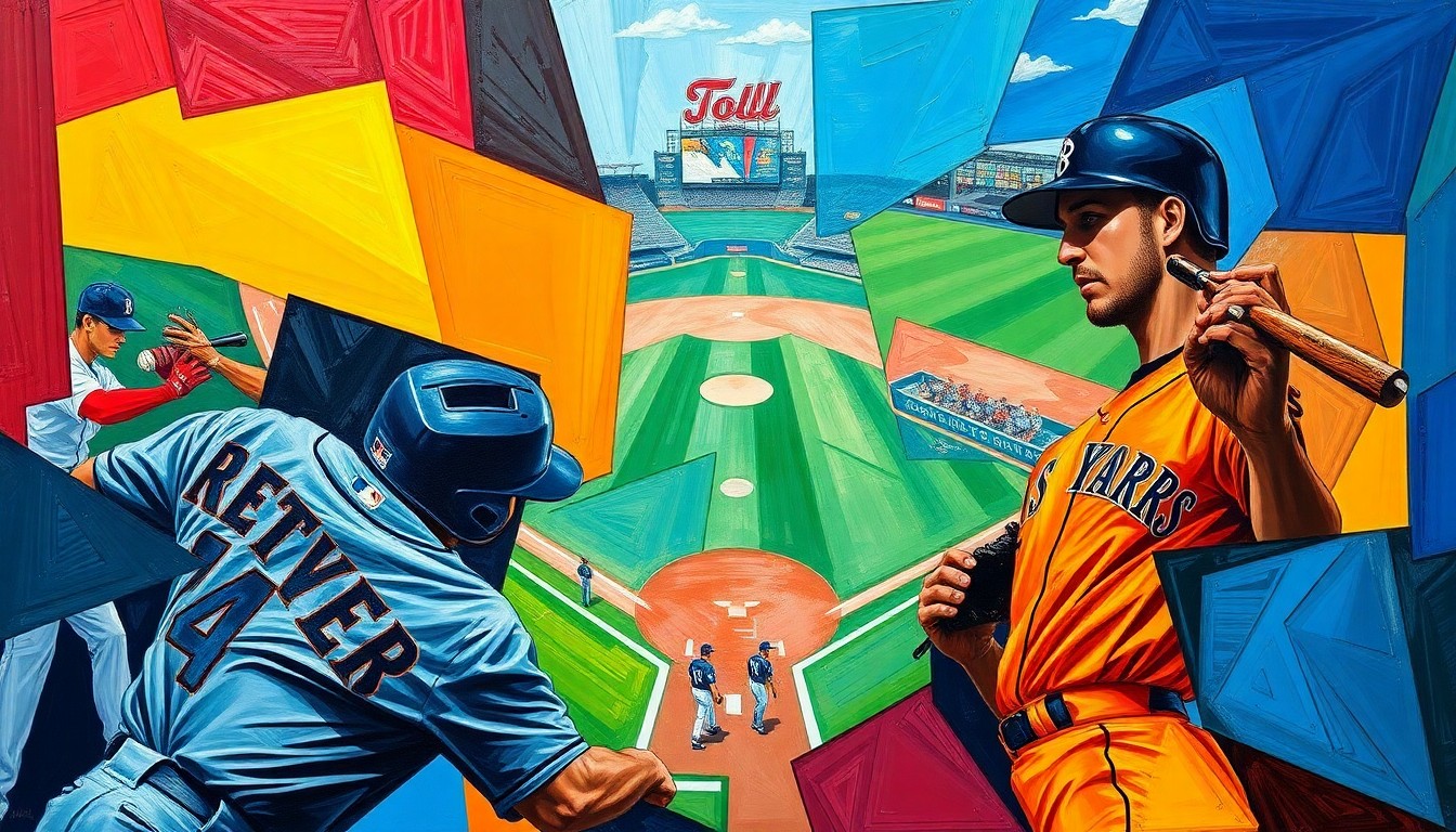 A fractured, geometric painting in vibrant colors representing the Texas Rangers and Seattle Mariners uniforms, capturing the intensity and strategic nature of their baseball matchup through an abstract, multi-perspective style.