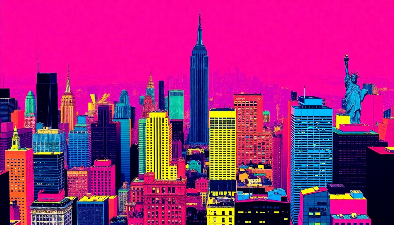 A vibrant, abstract silkscreen illustration featuring a repeating grid of iconic New York City skyscrapers and landmarks in bold, neon-like colors, capturing the paradox of choices for living in the Empire State.