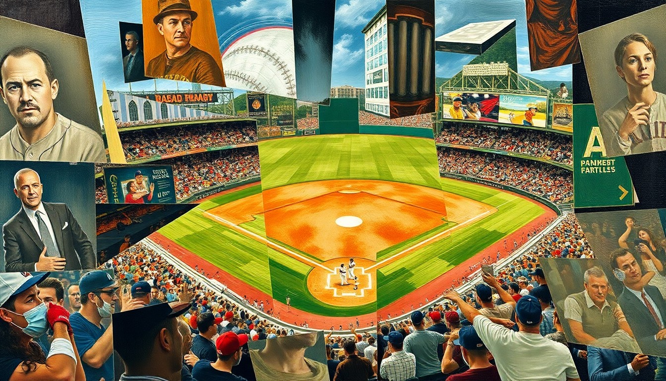 A cubist, geometric painting depicting a baseball game or match, with overlapping shapes and planes representing the various players and actions on the field.