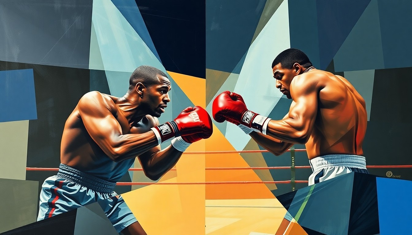 A cubist, geometric painting depicting a boxing match between two figures, their forms fractured and overlapping, conveying the tension and intensity of the rivalry between the two fighters.