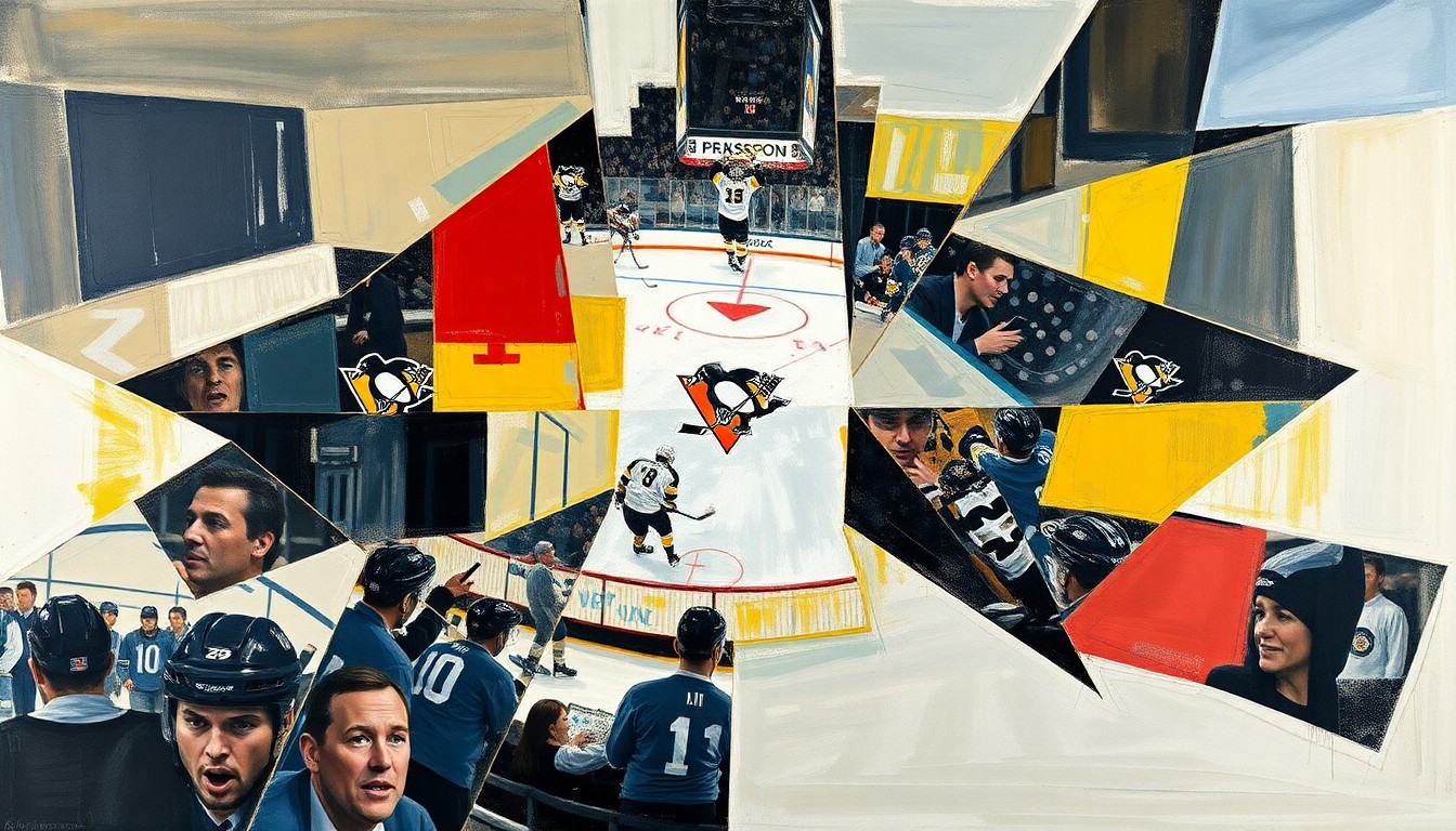A cubist-style painting depicting a Penguins hockey game, with the players and the ice broken down into sharp, overlapping geometric shapes in shades of blue, gold, and black, conveying the dynamic and transformative nature of the team's journey.