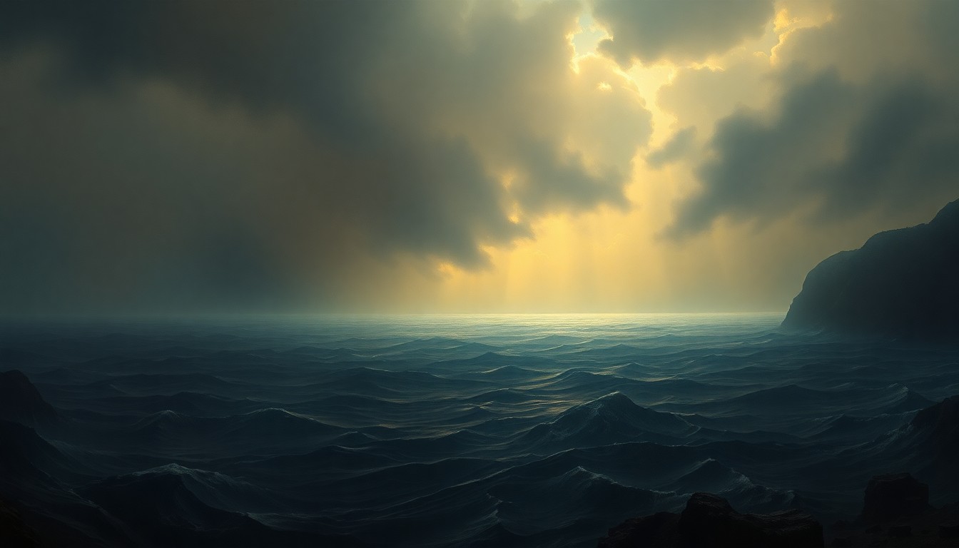 A sweeping, atmospheric landscape painting depicting a flooded coastal area, with the rising waters engulfing and dwarfing any visible structures or objects, conveying the sublime scale and power of the natural disaster.