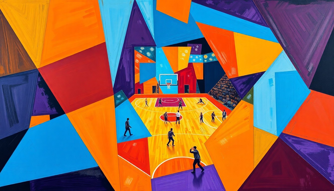 A fractured, geometric painting depicting a basketball player in motion, their form broken down into sharp, overlapping planes of vibrant colors like electric blue, fiery orange, and deep purple, conceptually representing Keaton Wagler's dynamic play and rapid ascent to NBA draft prospect status.