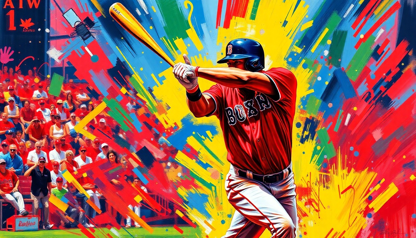 An abstract, energetic painting in neon colors depicting the dynamic motion and intensity of a baseball game, capturing the spirit of Willson Contreras' impact on the Boston Red Sox.