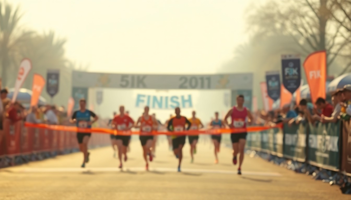 A soft, out-of-focus photograph in warm, hazy tones depicting a group of runners crossing the finish line of a 5K race, with the blurred shapes of spectators and event signage in the background, conceptually representing the community coming together to support mental health for those who serve.
