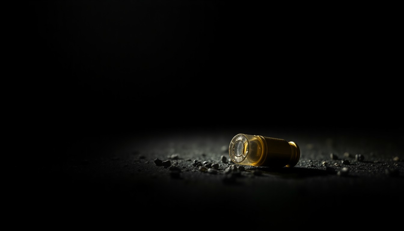 An extreme close-up photograph of a single spent shell casing on the ground, conceptually illustrating the aftermath of a shooting incident.