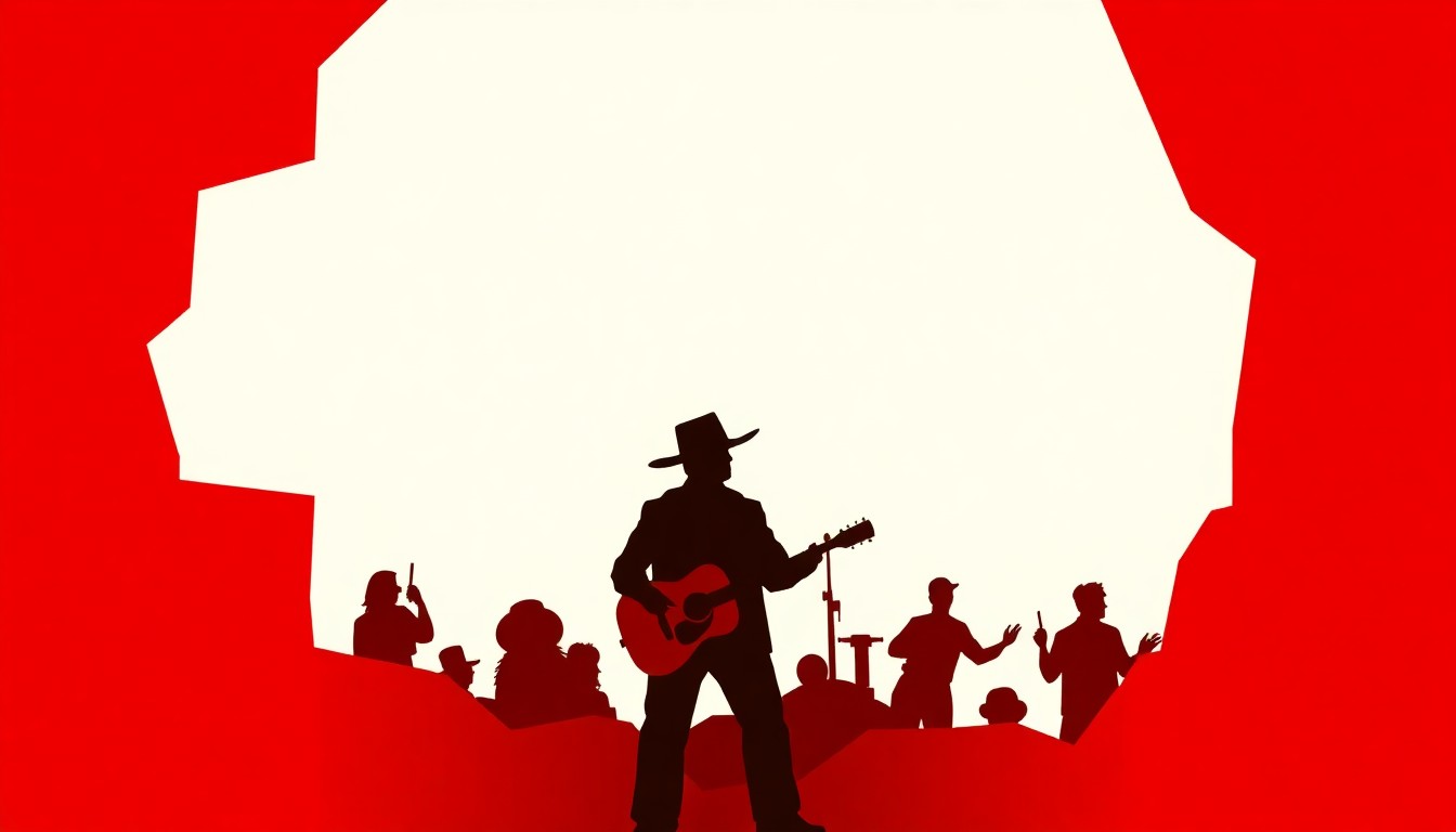 A striking, minimalist illustration featuring bold, jagged geometric shapes in red and white, creating an abstract representation of the transformation in the country music industry.