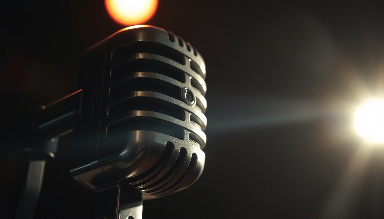 An extreme close-up of a vintage radio microphone, its metallic surface reflecting dramatic studio lighting and casting dramatic shadows, evoking the glamour and nostalgia of classic radio broadcasting.