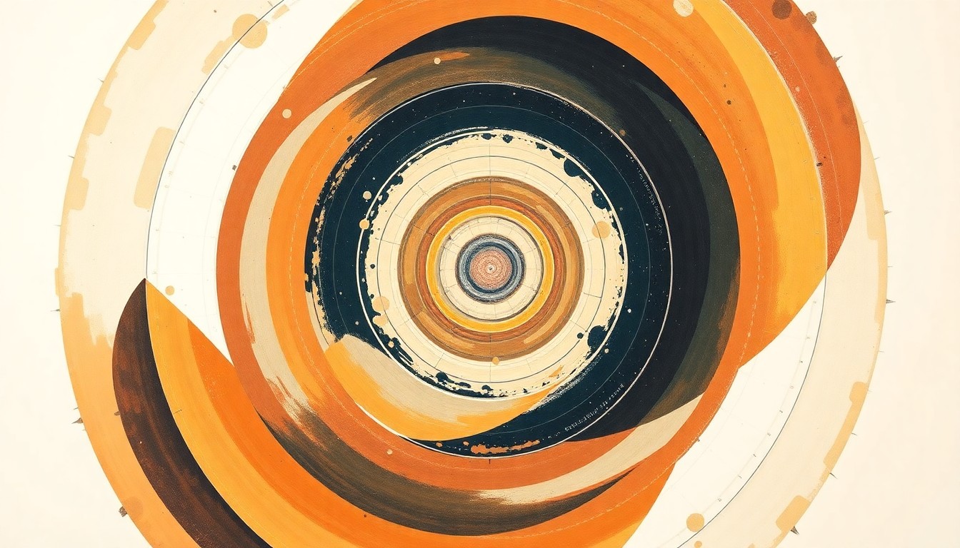 An abstract, highly textured painting in earthy tones depicting the intricate atomic structure of halide perovskite crystals, with sweeping geometric arcs, concentric circles, and precise spirals conveying the dynamic, responsive nature of these innovative materials.