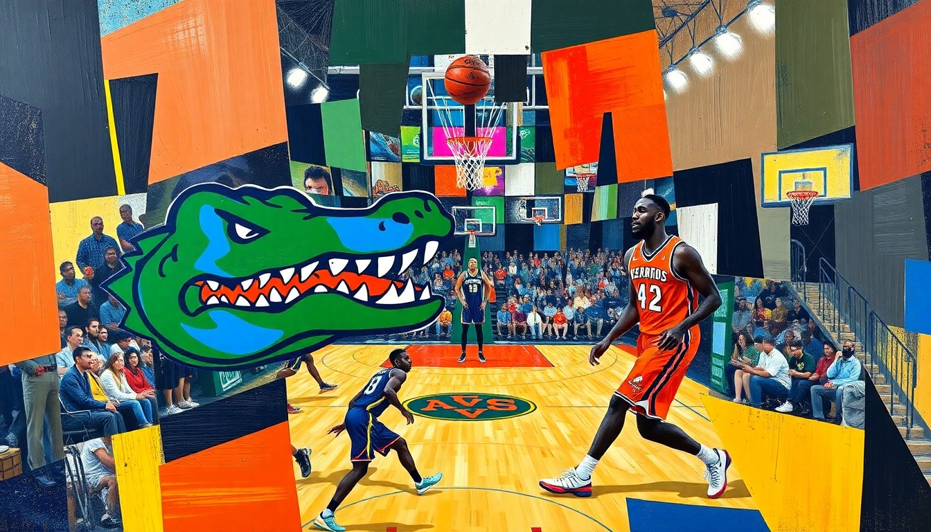 A dynamic, abstract painting in the style of Pablo Picasso, featuring sharp, overlapping geometric shapes and planes of color representing the action and energy of a college basketball game.
