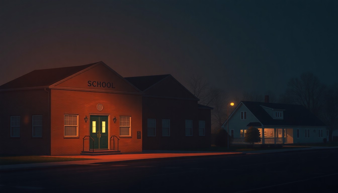 A serene, cinematic painting of a school building with a transitional living home in the background, bathed in warm sunlight and deep shadows, conveying the complex tensions surrounding the placement of such facilities near schools.