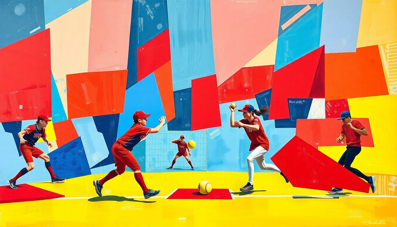 A fractured, multi-perspective painting featuring sharp, overlapping geometric planes in vibrant colors, capturing the energy and movement of a high school softball game.