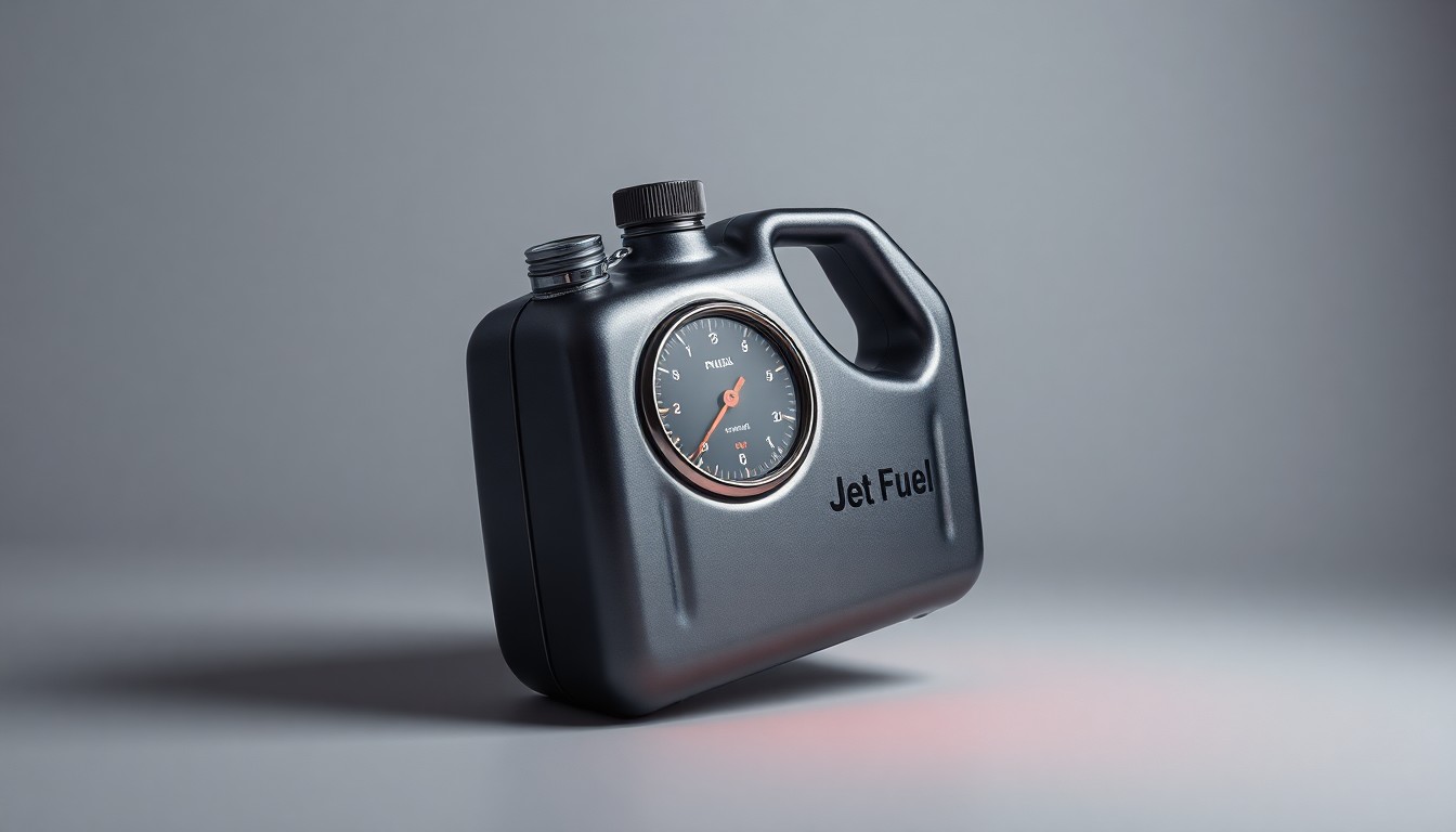 A high-end, photorealistic studio still-life photograph featuring a polished, metallic jet fuel canister with a red fuel gauge, floating on a clean, monochromatic seamless background. The dramatic studio lighting and deep shadows symbolize the abstract corporate strategy and financial risks facing the global aviation industry.