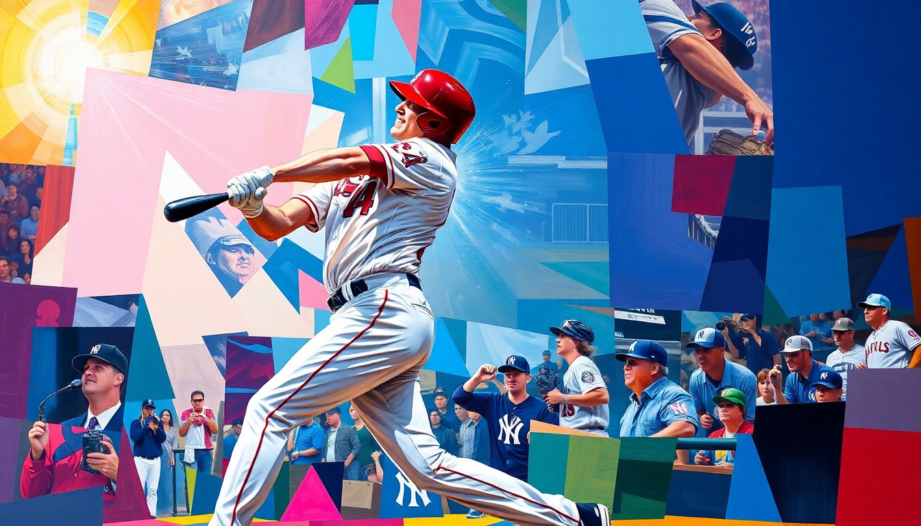 A fractured, geometric painting depicting the motion of a baseball player swinging a bat, with the player's body and the baseball itself broken down into sharp, overlapping planes of color representing the Angels and Yankees uniforms.
