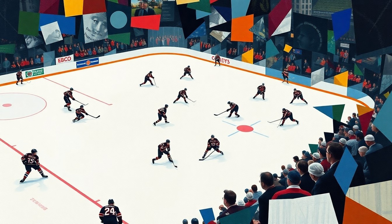 A fragmented, geometric painting depicting a hockey game, with players and the ice surface broken down into abstract shapes and planes of color, conveying the chaos and intensity of the Capitals' 8-1 loss to the Rangers.