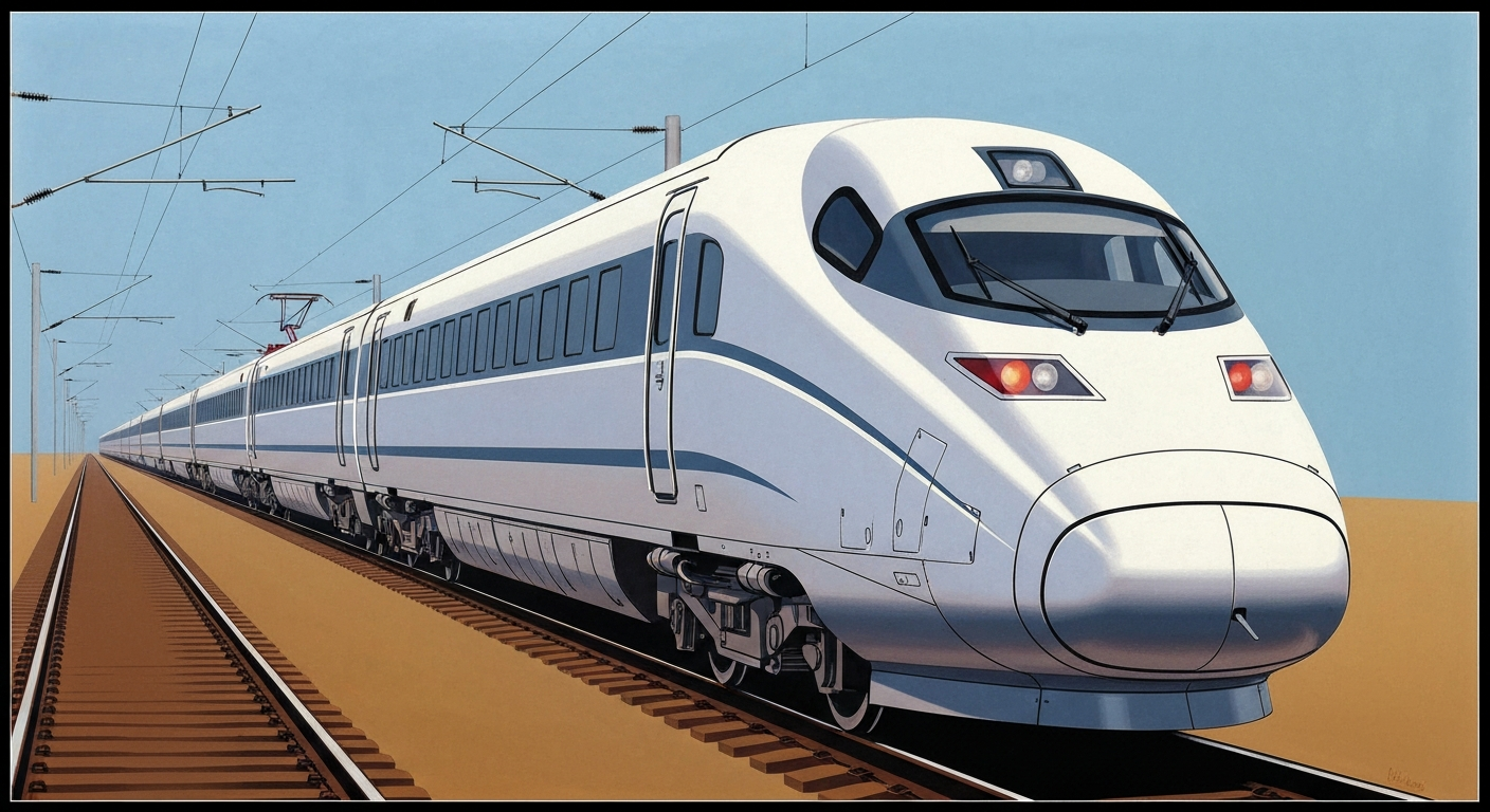 A bold, geometric composition in the Art Deco style, featuring the sleek, streamlined form of a high-speed train against a backdrop of sweeping, smooth gradients and towering forced perspectives, conveying the grand scale and technological prowess of Japan's rail network.