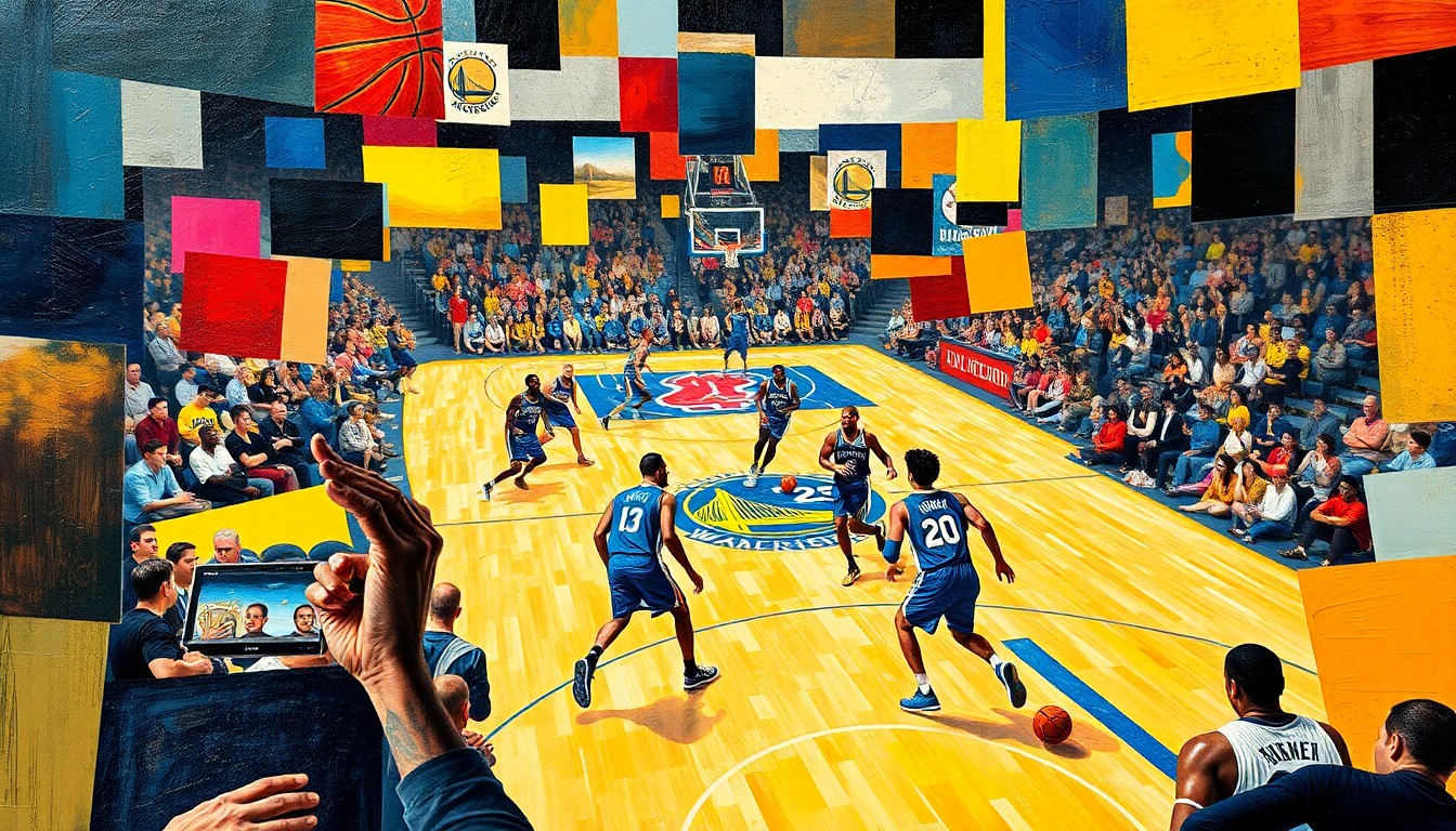 A cubist, geometric painting depicting a basketball court scene with players in motion, the ball, and the crowd, all broken down into sharp, overlapping planes of color representing the Warriors and Clippers uniforms.