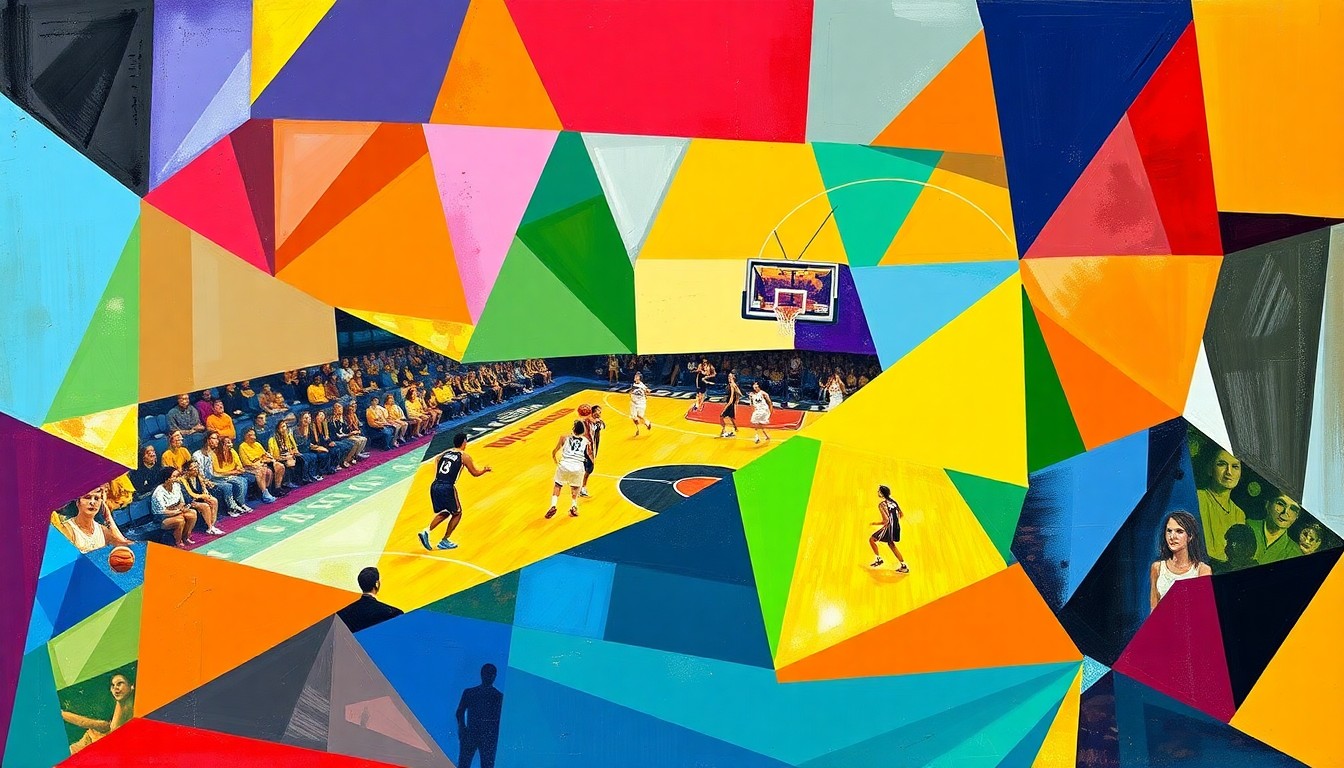 A fragmented, cubist-style painting depicting a WNBA basketball game, with the players and court broken down into sharp, overlapping geometric shapes and planes in the Valkyries' team colors of blue, gold, and white, conveying the dynamic energy and rapid growth of this new franchise.