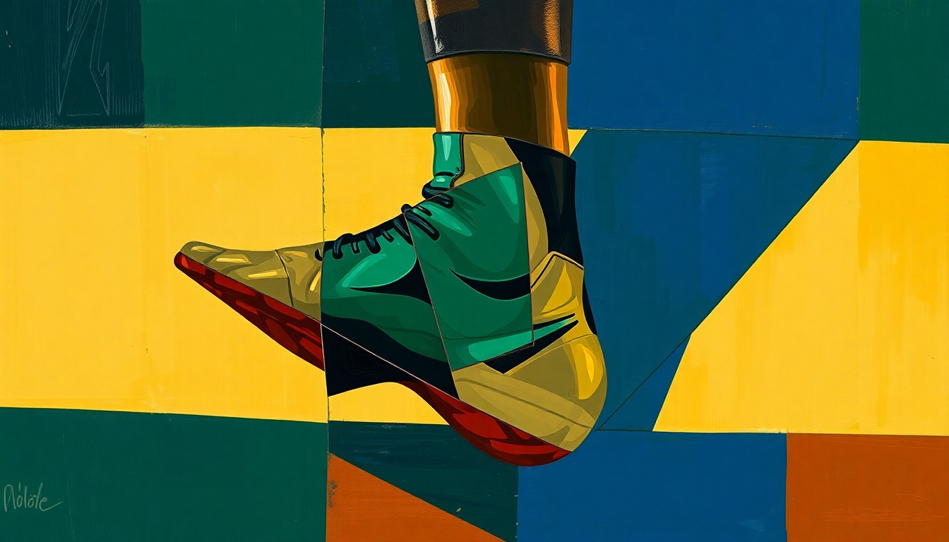 A cubist, geometric painting depicting a basketball player's injured ankle, with sharp, overlapping planes in shades of navy, green, and orange conceptually representing the physical trauma and uncertainty of the injury.