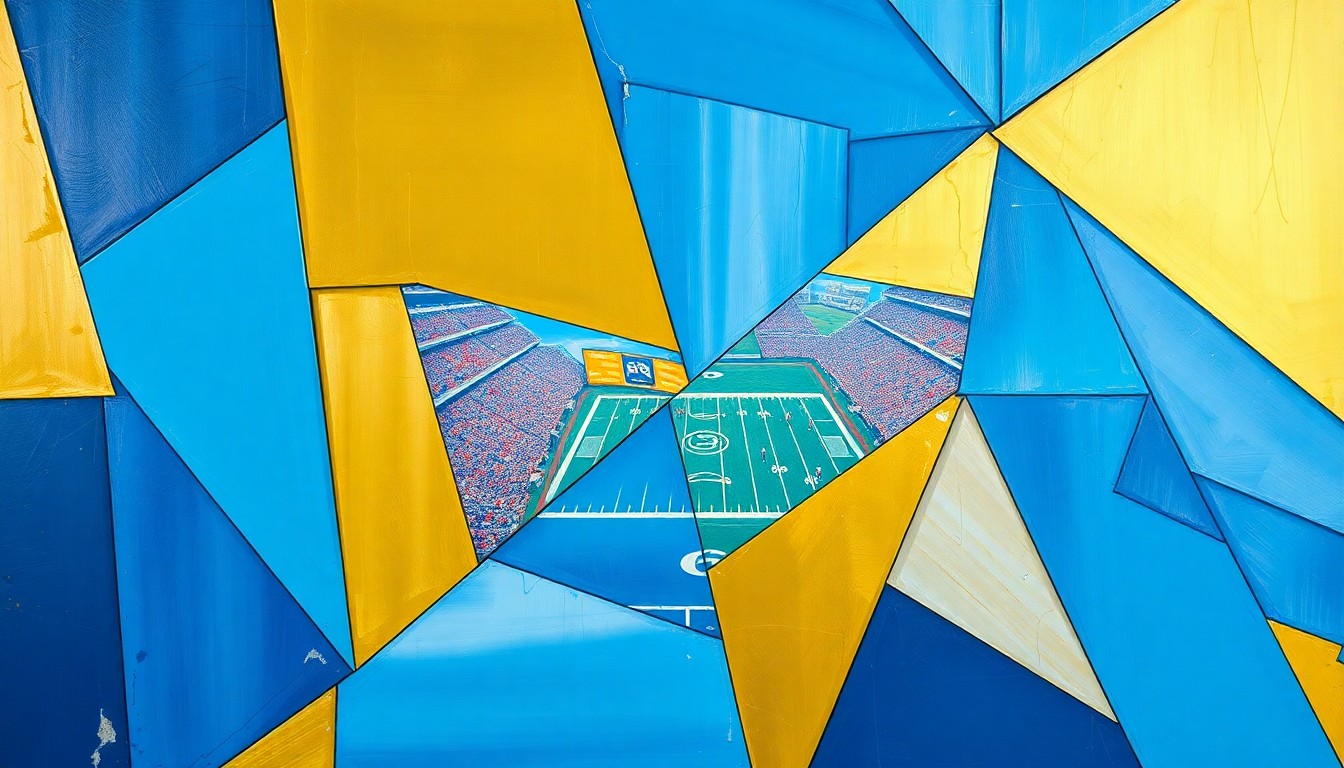 A fractured, multi-perspective painting in bold geometric shapes and colors, conceptually representing the complex strategic decisions involved in building an NFL roster around a star quarterback.