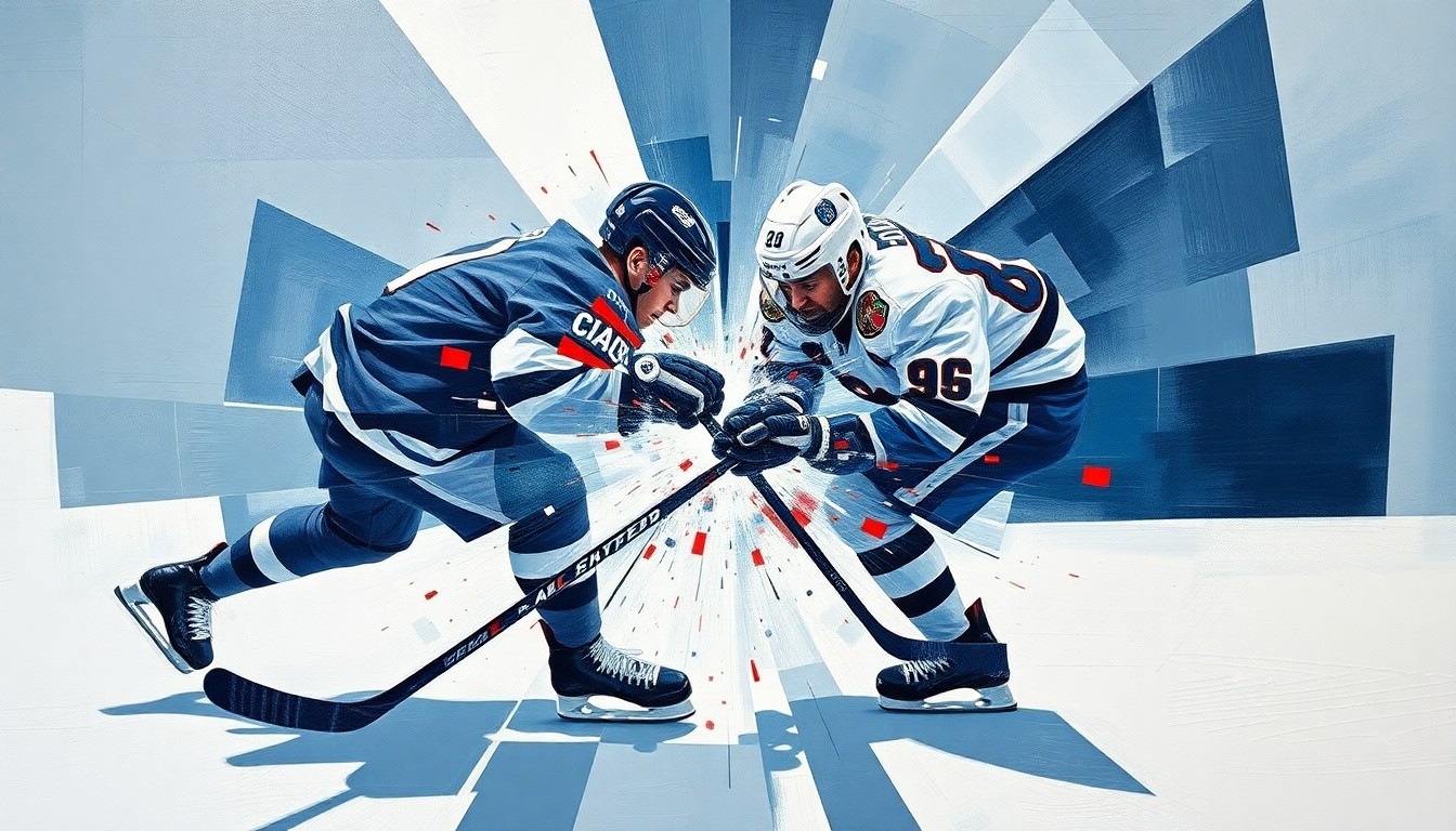 A fragmented, geometric painting depicting the collision between two hockey players, with sharp, overlapping planes of muted blue, gray, and white tones, and hints of red to convey the intensity of the impact.