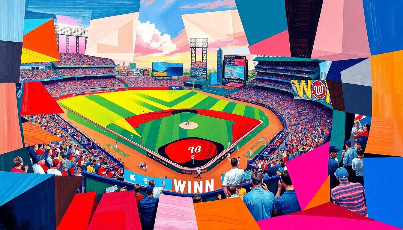 A cubist-style painting featuring sharp, overlapping geometric shapes in the official colors of the Washington Nationals and their opponents, conceptually representing the complex and fragmented nature of the team's offseason decisions and their impact on the team's current state.