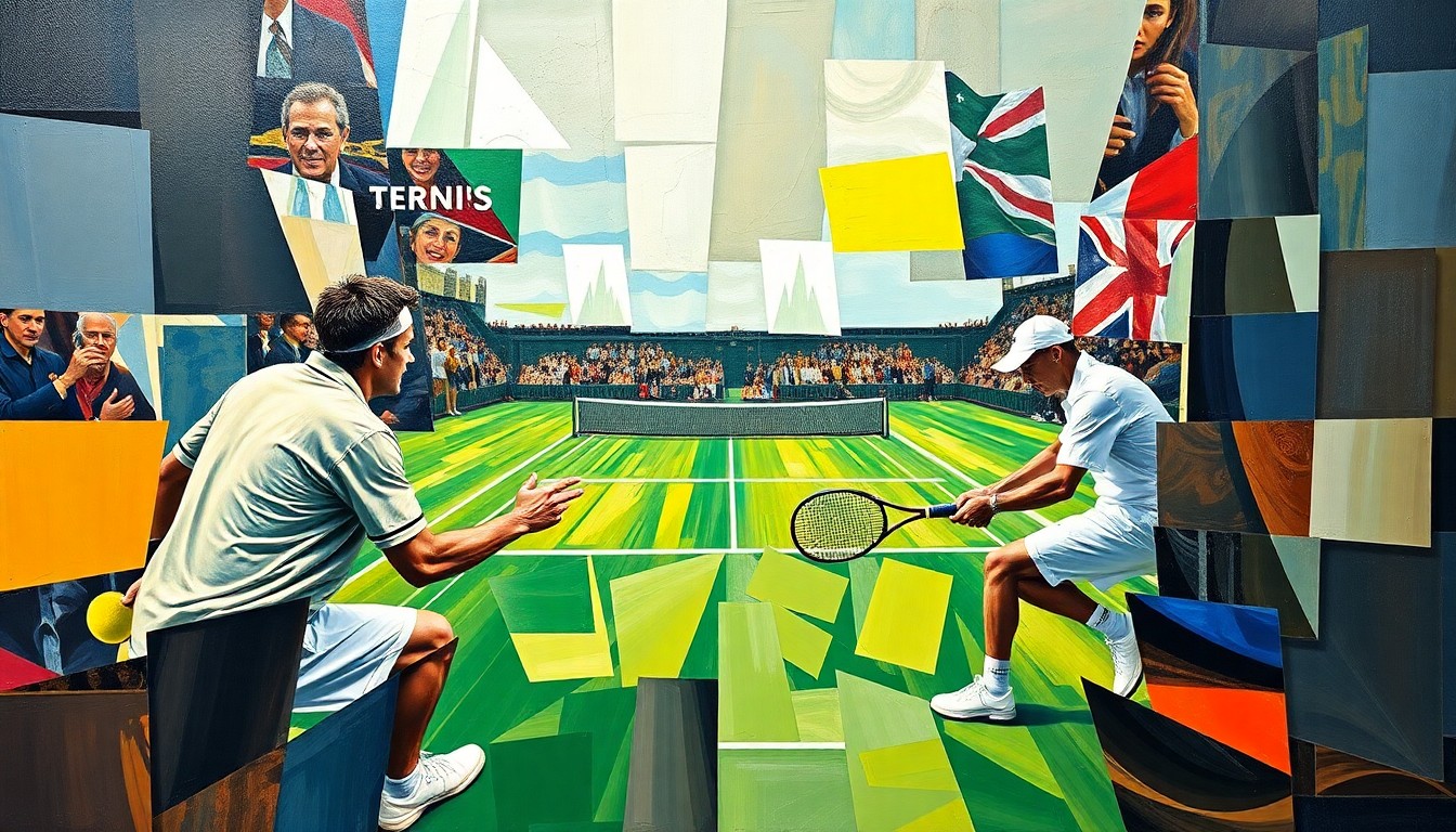A cubist-style painting depicting a tennis match or competition, with the players and court broken down into sharp, overlapping geometric shapes and planes in a variety of colors, capturing the dynamic and ever-changing nature of their rivalry.