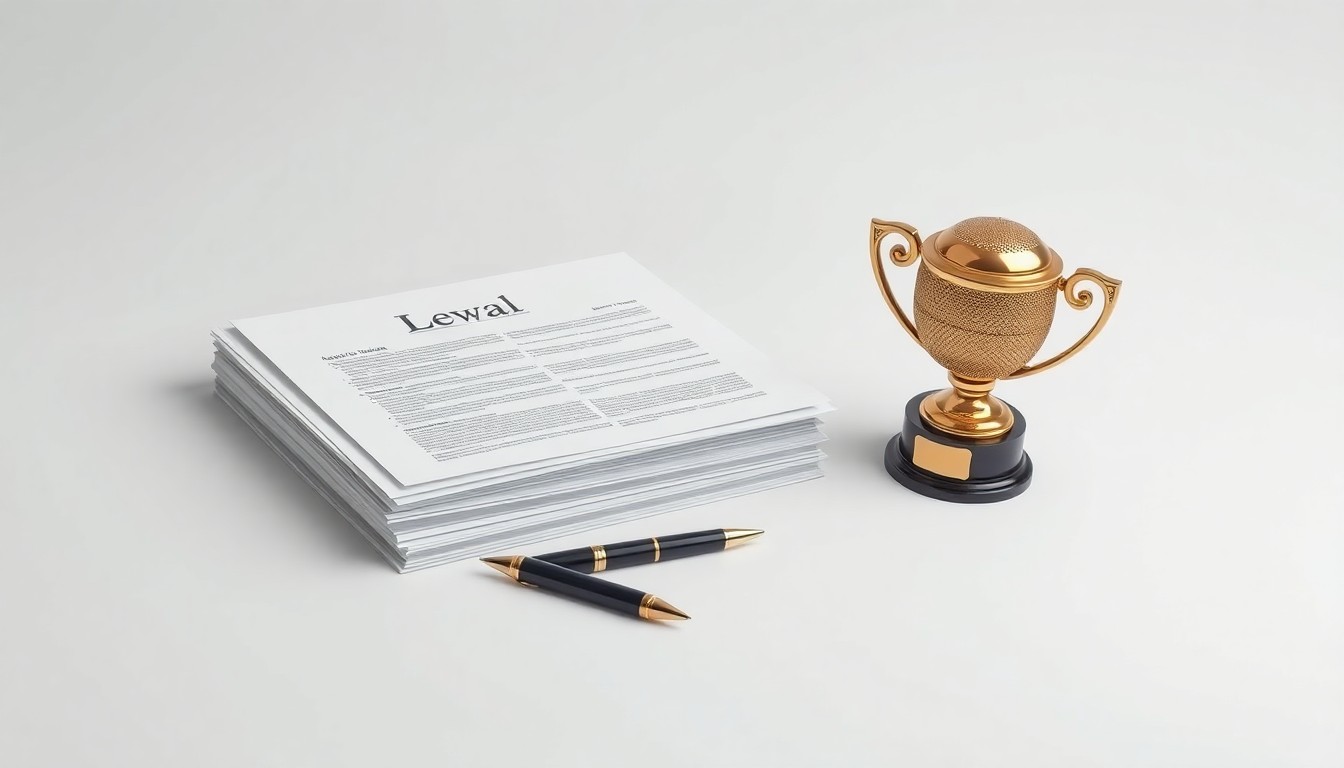A minimalist, photorealistic studio still life featuring a stack of legal documents, a pen, and a sports trophy on a clean, monochromatic background, symbolizing the intersection of law, finance, and the sports industry.