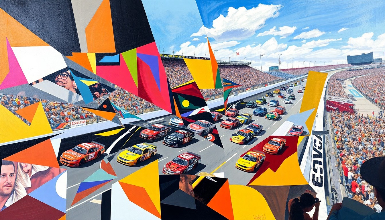 A cubist, geometric painting depicting the NASCAR qualifying session at Bristol Motor Speedway, with the cars, drivers, and track deconstructed into abstract shapes and planes of color, capturing the intensity and competitive spirit of the event.