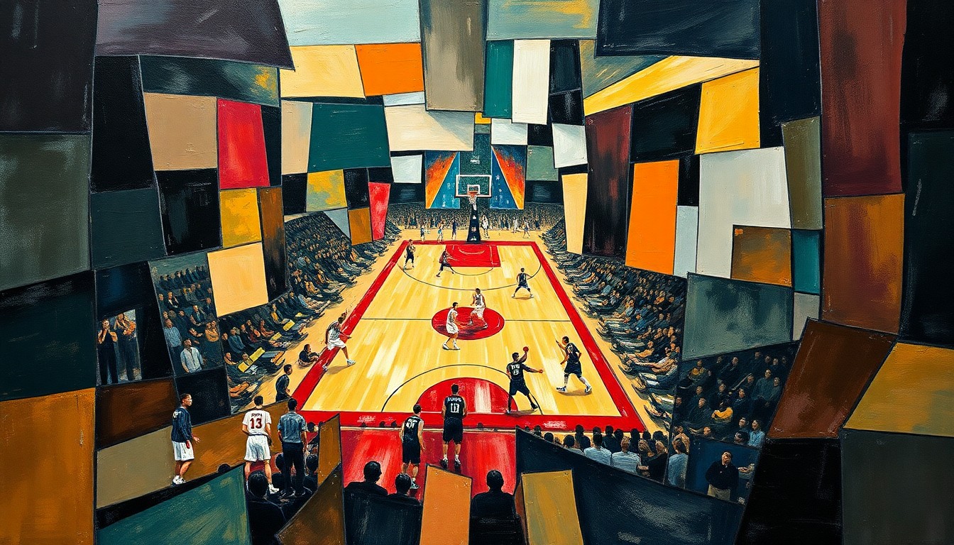 A cubist-style painting depicting a basketball game broken down into sharp, overlapping geometric shapes and planes, conveying the complex and fragmented nature of the tanking debate in the NBA.