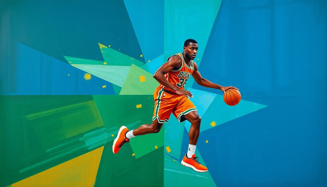 A cubist, geometric painting depicting fragmented basketball movements and court scenes, representing the disconnect between Giannis Antetokounmpo and the Milwaukee Bucks organization.