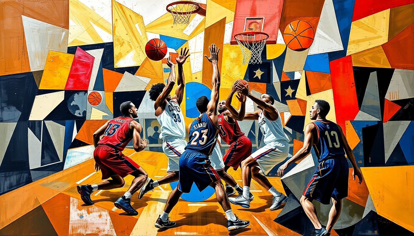 A fractured, geometric painting depicting the chaotic energy of a basketball game, with players' forms broken down into abstract shapes and colors.
