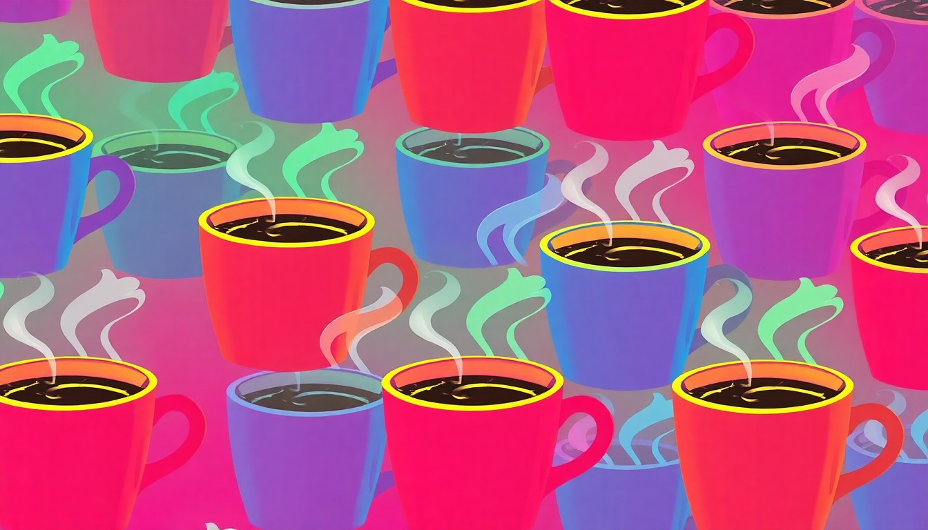 A bold, colorful silkscreen-style illustration featuring a repeating pattern of a steaming coffee cup in vibrant neon hues, conceptually representing the new Okemos Coffee Shop as a modern, artful gathering space.