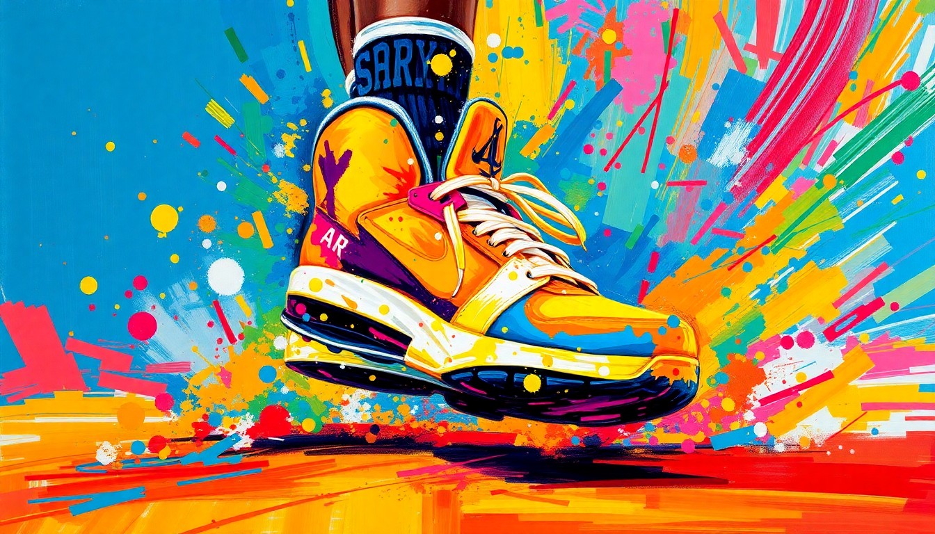 An extreme close-up of Steph Curry's feet wearing the Kobe 4 tribute sneakers, with the rest of the image rendered in a vibrant, expressionist style using rapid brushstrokes and neon colors to capture the dynamic energy of basketball and the charitable spirit of the sneaker auction.