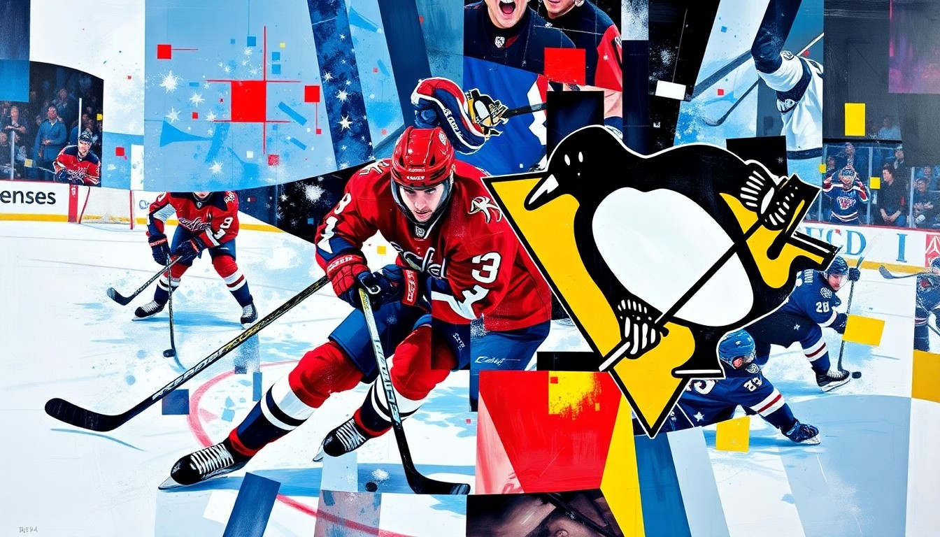 A cubist, geometric painting depicting a hockey game between the Washington Capitals and Pittsburgh Penguins, with the players' forms fractured and overlapping in a dynamic, abstract composition.