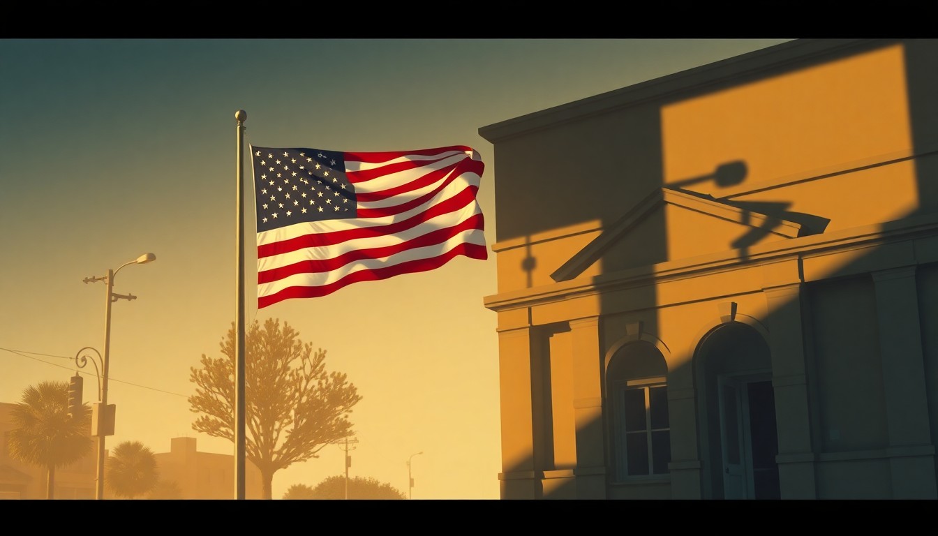 A serene, nostalgic painting of an American flag waving outside a government building, the scene bathed in warm sunlight and deep shadows, conceptually representing the reverence and gratitude of a community for its military veterans.