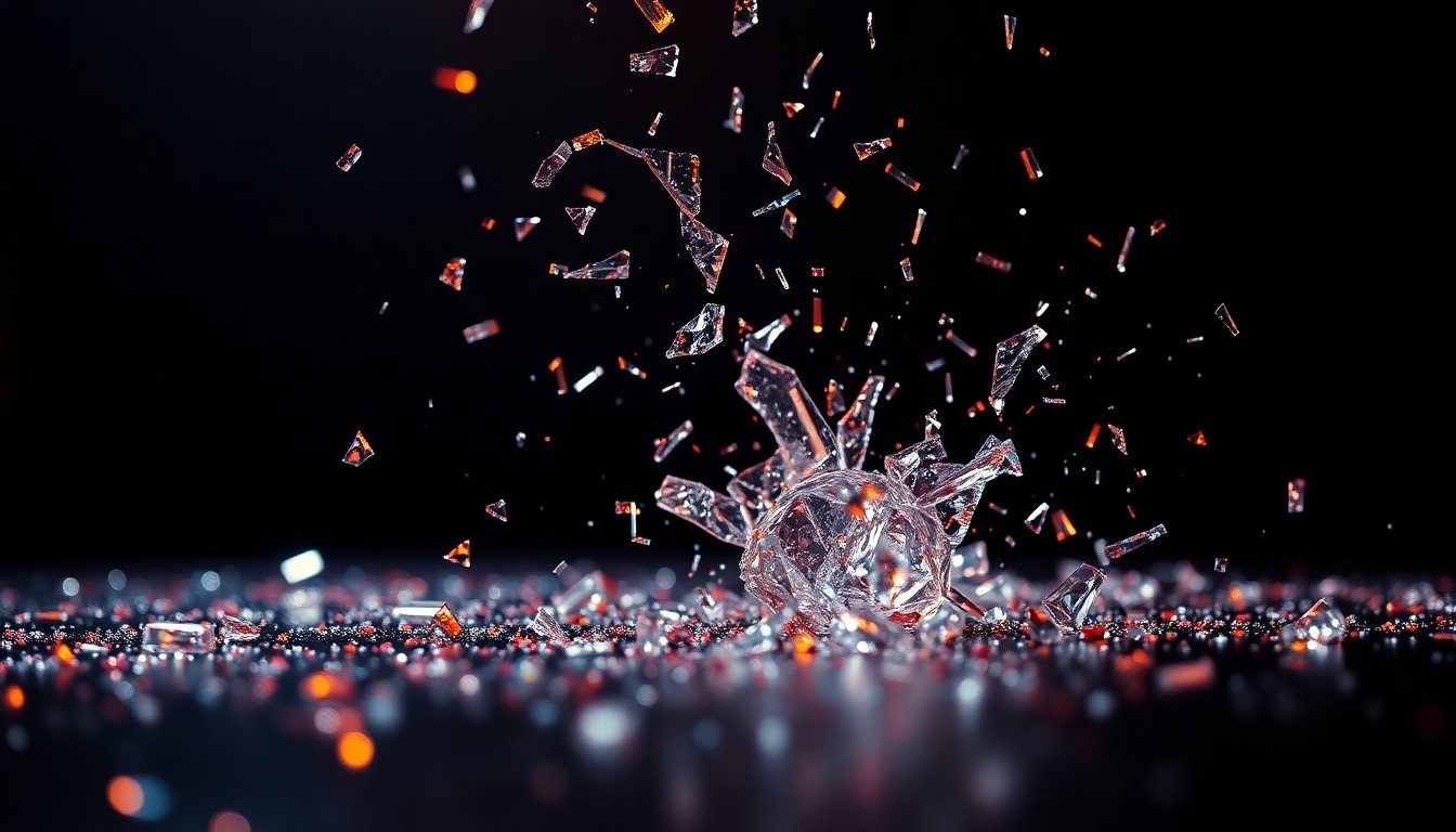 An abstract close-up image of shattered, glittering glass fragments reflecting dramatic studio lighting, conveying the intense emotions and scandals of the MAFS reunion event.