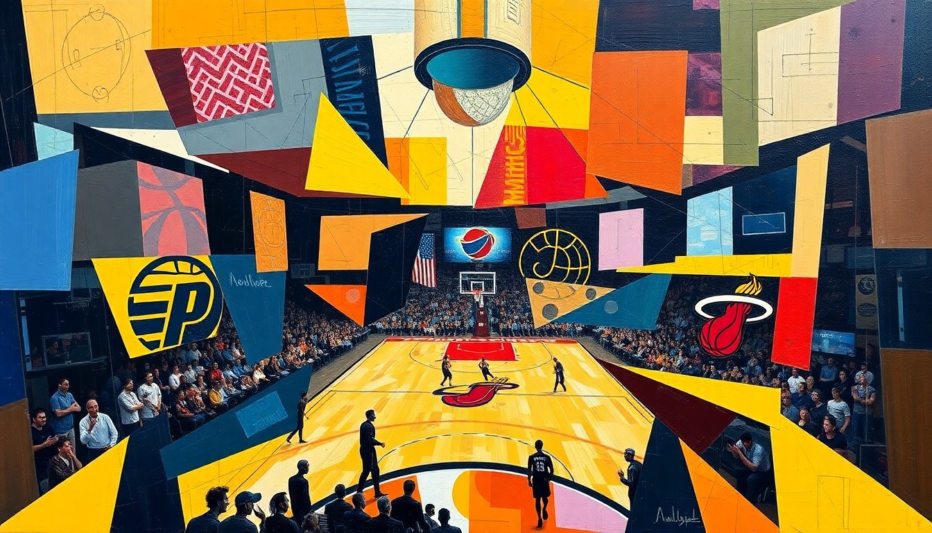 A fragmented, geometric painting depicting a basketball game in motion, with overlapping shapes and planes representing the fluid movements and offensive pressure of the two teams.