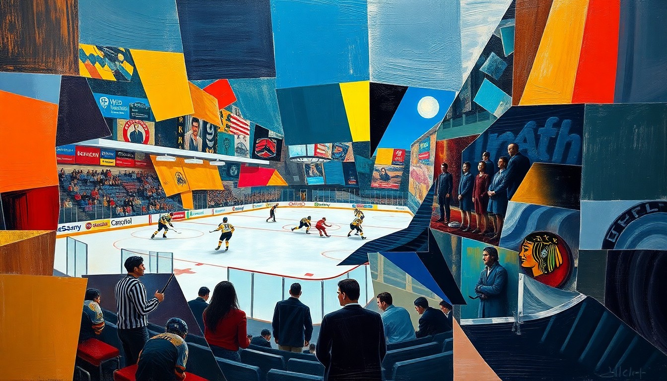 A cubist, geometric painting depicting a hockey game or match, with overlapping planes of color and shape representing the dynamic action on the ice.