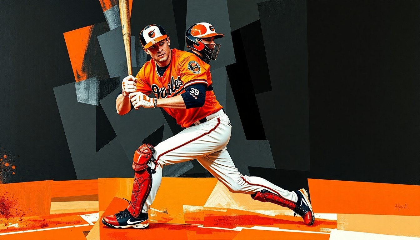 A fractured, cubist-style painting depicting a baseball catcher in action, with sharp geometric planes in the Orioles' team colors of orange, black, and white, representing the disruption caused by Rutschman's injury and the potential for young players to emerge.