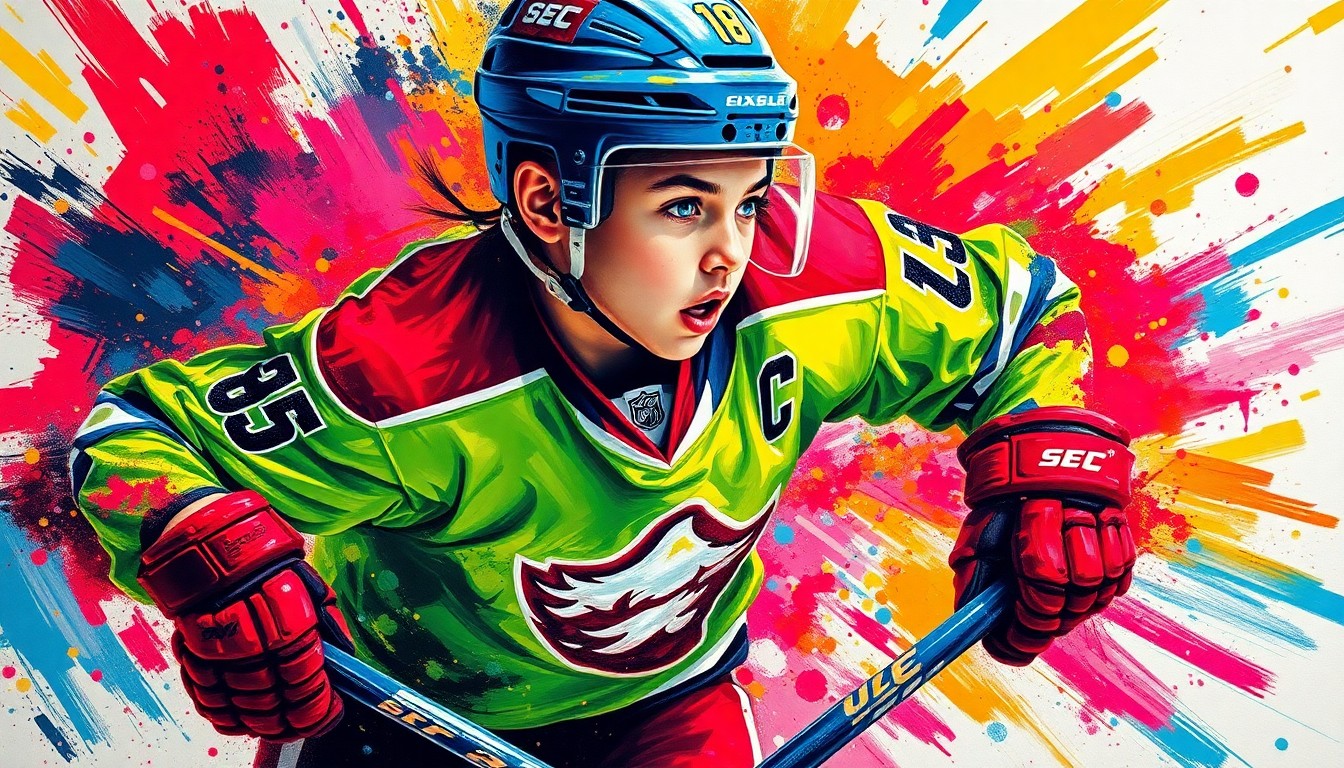 An abstract, expressionist painting featuring bold, neon-colored brushstrokes that capture the dynamic movement and energy of a young hockey player in action, with their face and jersey details obscured by the vibrant, gestural style.