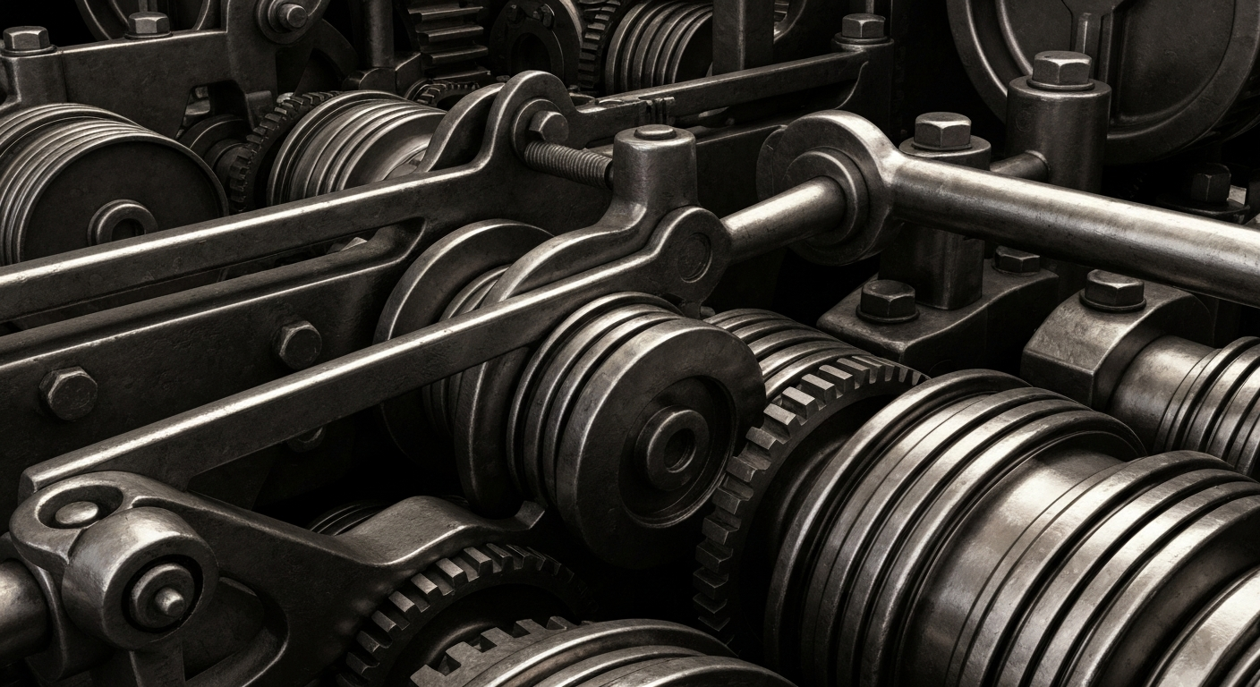 An extreme close-up of heavy, industrial banking equipment and mechanics, conveying the tangible power and security of financial institutions.