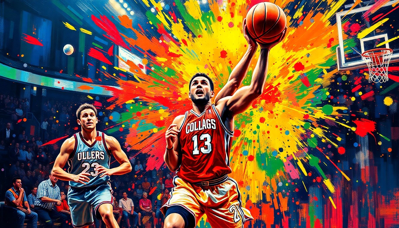 An abstract, expressionist painting in neon colors depicting the intense energy and movement of a college basketball game, with players' forms dissolving into vibrant brushstrokes.