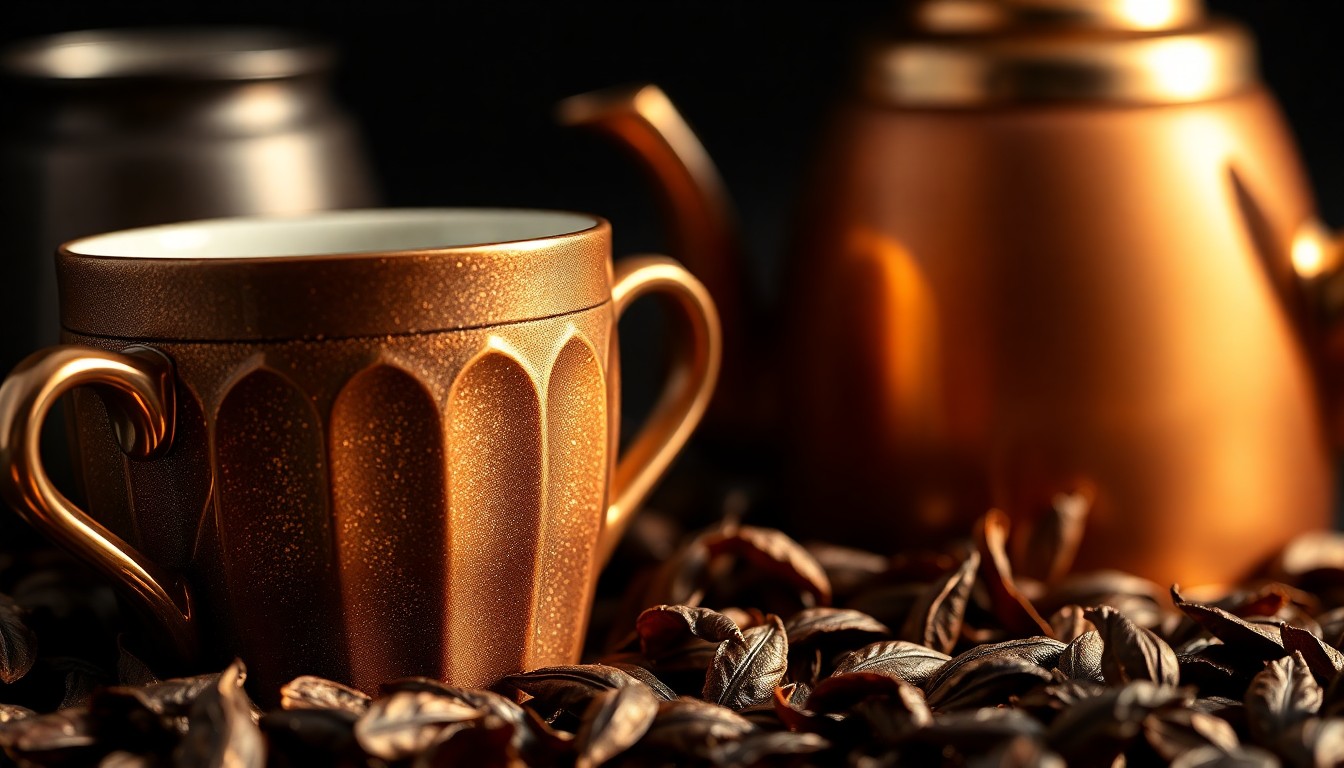 An extreme close-up of shimmering tea leaves and reflective metal teapot surfaces, captured in dramatic high-contrast lighting to create a conceptual, high-fashion aesthetic representing the fusion of tea and K-pop culture.