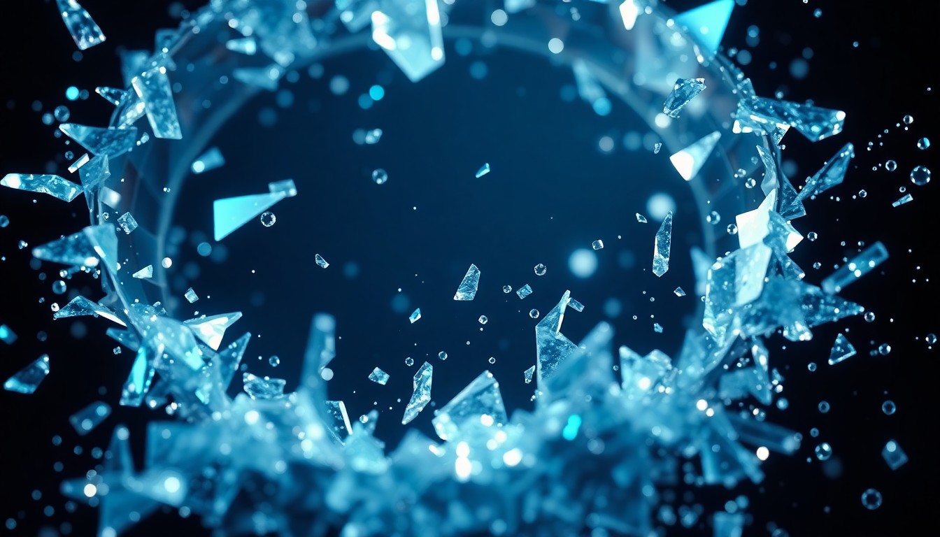 An abstract close-up image of shimmering, shattered glass fragments reflecting bright, colorful lights, conveying the glamorous, high-energy aesthetic of the KPop Demon Hunters franchise.