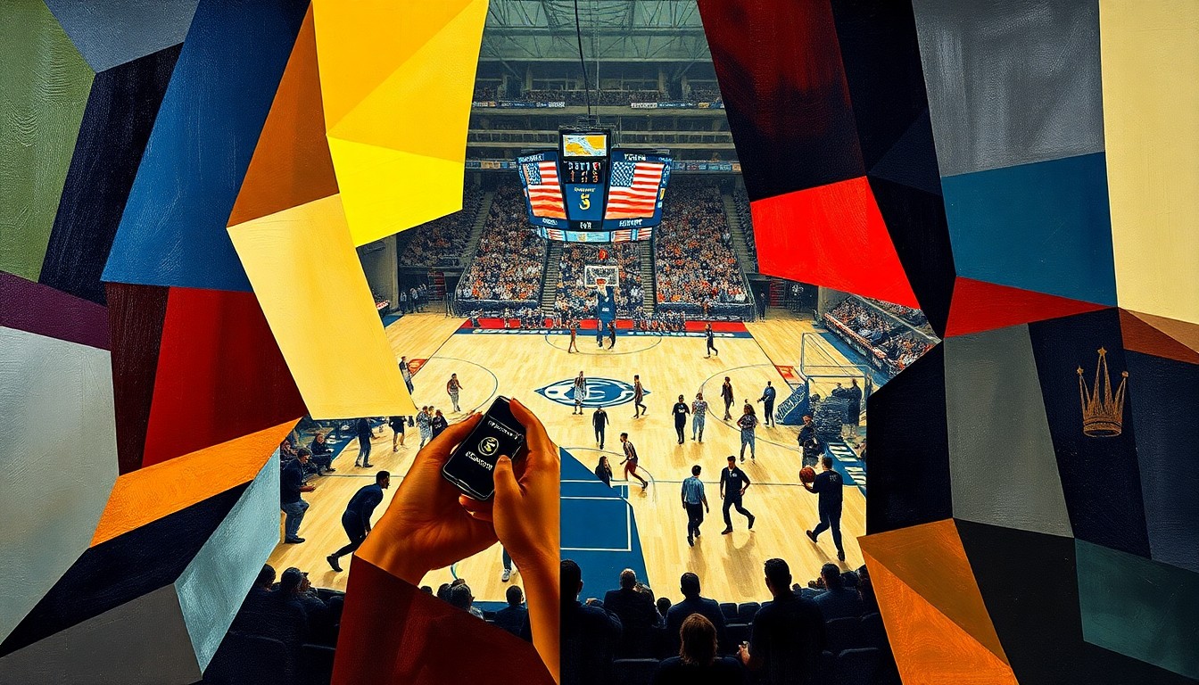A cubist, geometric painting depicting the fragmented forms of basketball players on a court, with the arena fading into the background, conceptually representing the rebuilding process of a college basketball program.