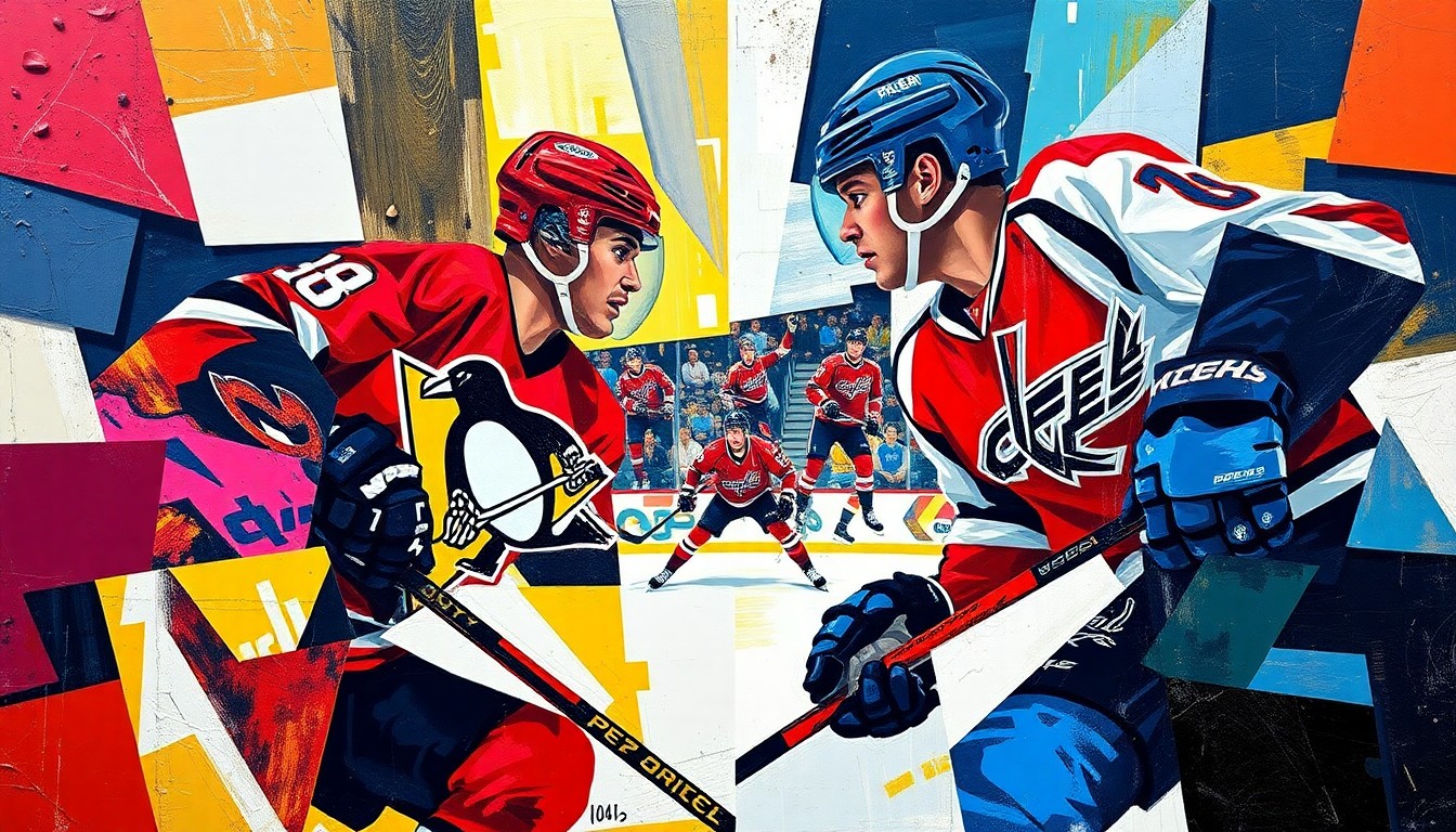 A fractured, cubist-style painting depicting a hockey game between two players, their forms broken down into sharp, overlapping geometric shapes in the colors of the Penguins and Capitals uniforms.