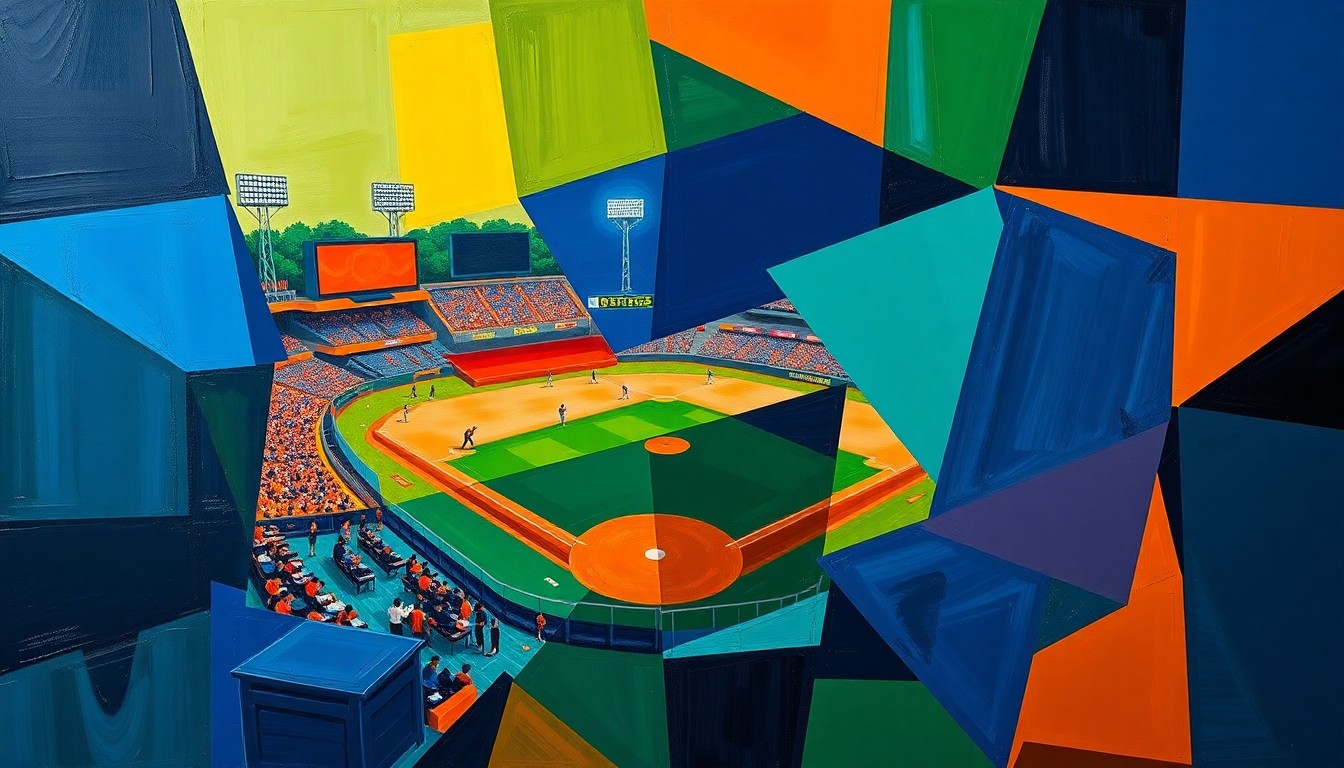 A fragmented, geometric painting in shades of navy, green, and orange, depicting the dynamic movements and perspectives of a college baseball game in an abstract, deconstructed style.