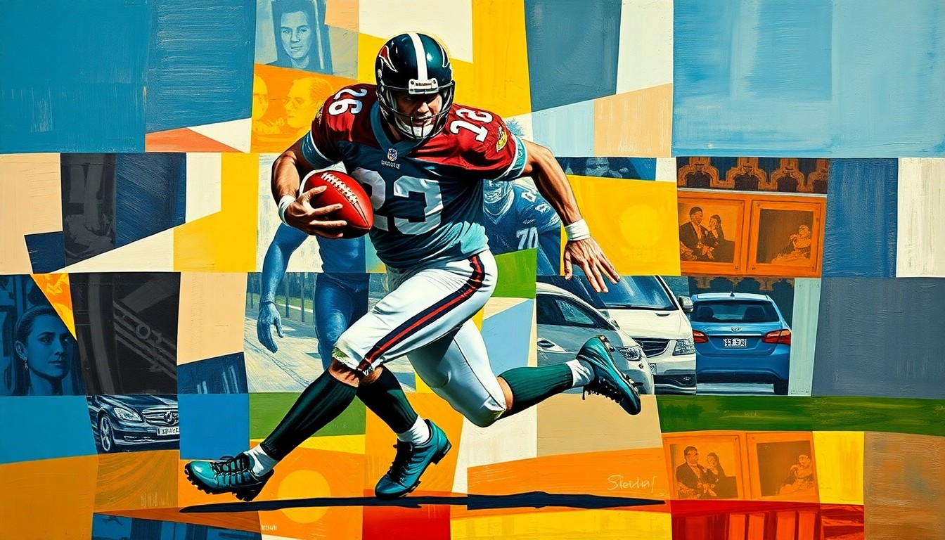 A cubist, geometric painting depicting a football player in motion, with sharp, overlapping planes of color and form that convey a sense of uncertainty and transition.